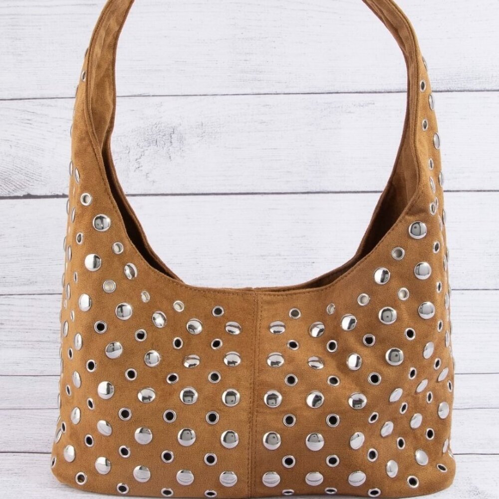 Fame Multi Rivet Studded Shoulder Bag - TAN/LIGHT BROWN